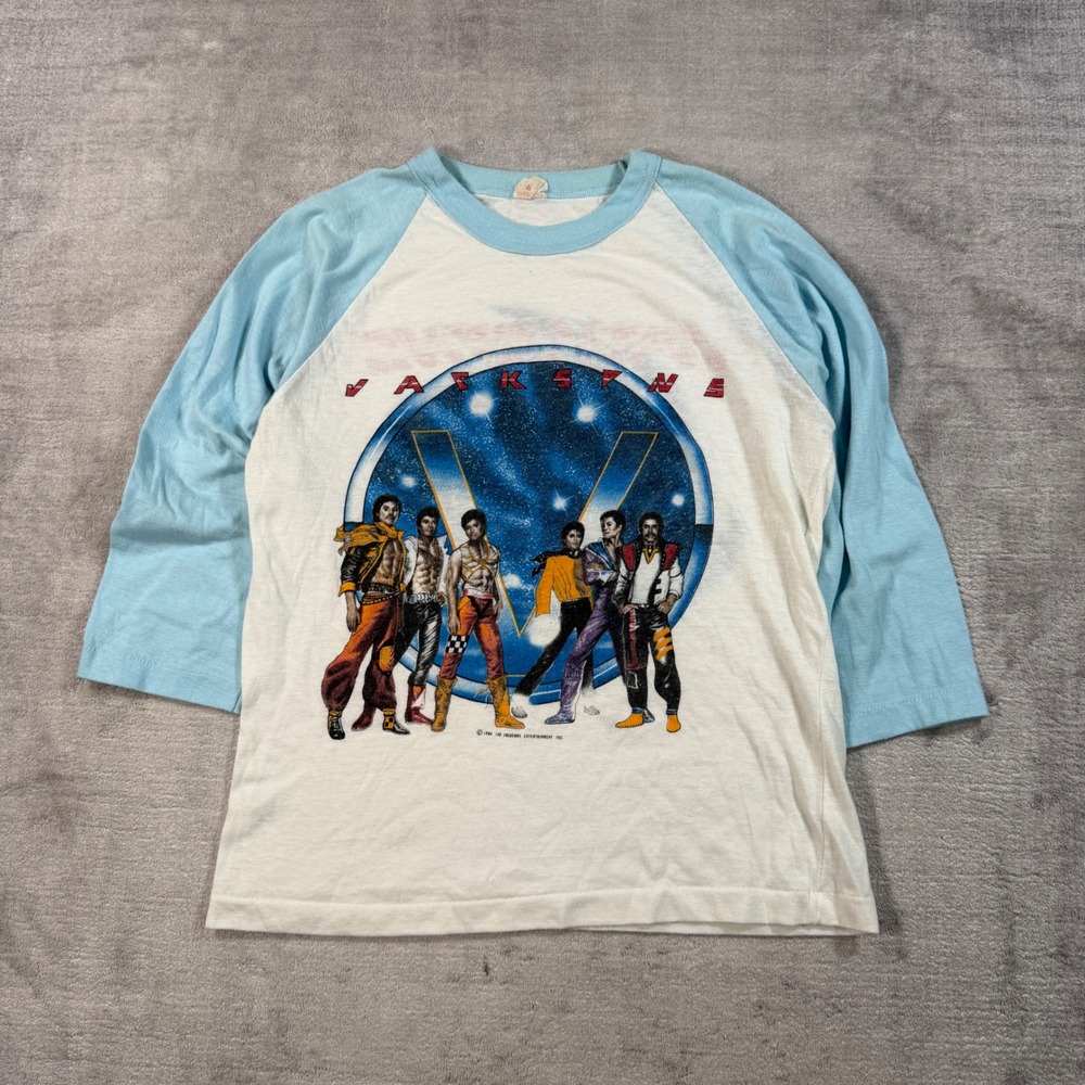 Jacksons 5 Shirt Mens Medium White Victory Tour Vintage 1984 Raglan Pop Band